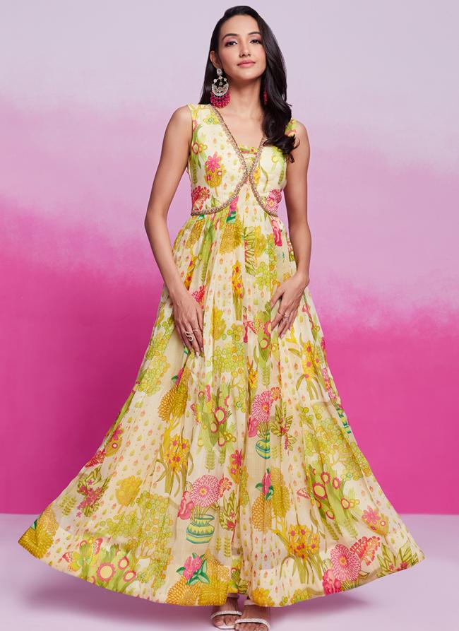 Organza Cream Party Wear Printed Readymade Indo Western